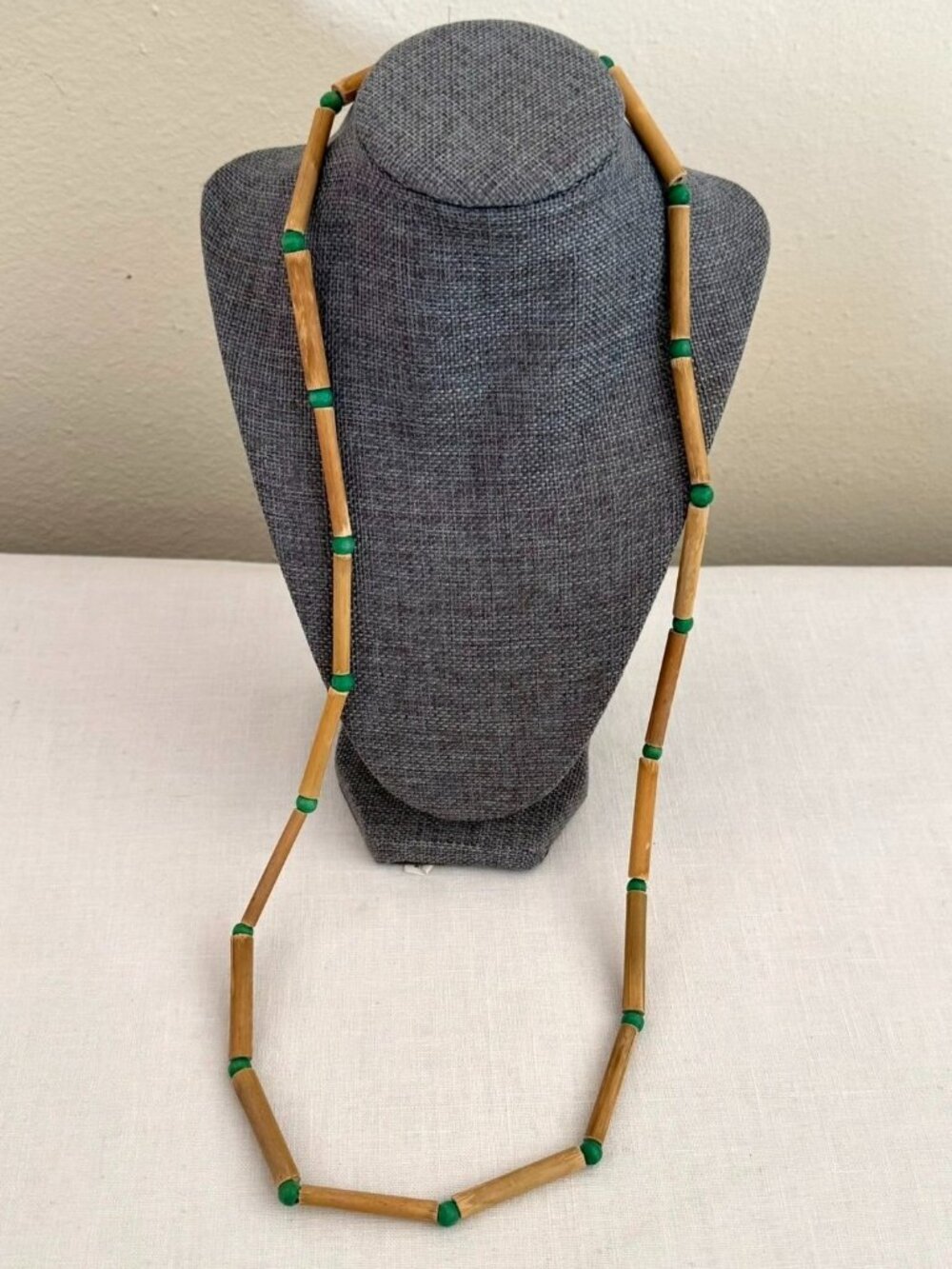 Bamboo Bead Necklace Long Lightweight Wood Green Boho Natural